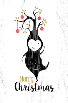 Merry christmas black and white elf tree shape on paper texture background with hipster retro elements. Ideal for xmas greeting card or elegant holiday party invitation. EPS10 vector.