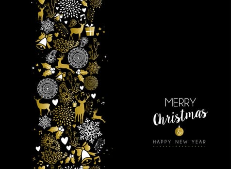 Merry christmas happy new year luxury golden seamless pattern on black background with deer and holiday elements. Ideal for elegant xmas greeting card. EPS10 vector.