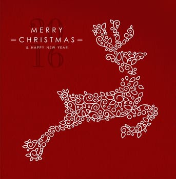 Merry Christmas Happy New Year 2016 greeting card background. Linear reindeer jumping with monogram decoration, ornament and leaves. EPS10 vector.