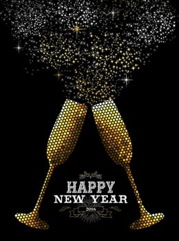 Merry Christmas Happy new year fancy gold drinking glasses making celebration toast in mosaic style. Ideal for holiday card or elegant party invitation. EPS10 vector.