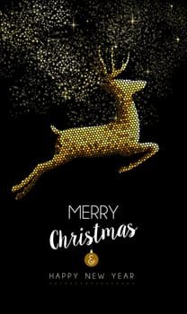 Merry Christmas Happy new year luxurious gold reindeer jumping in mosaic style. Ideal for holiday card or elegant party invitation. EPS10 vector.