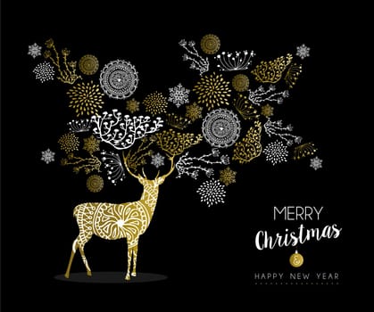 Merry christmas happy new year luxury golden deer design on black background with nature elements and label. Ideal for elegant holiday greeting card. EPS10 vector.