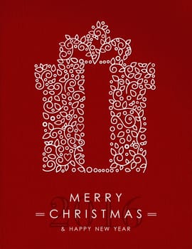 Merry Christmas Happy New Year 2016 greeting card background. Linear gift box with monogram decoration, ornaments and leaves. EPS10 vector.