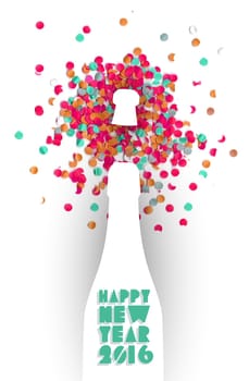 Happy New Year eve 2016 colorful celebration champagne bottle and confetti background. Ideal for holiday greeting card or party invitation. EPS10 vector.