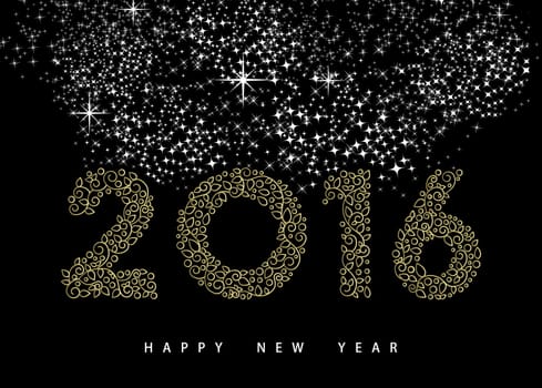 Happy New Year greeting card. Linear 2016 deco sign in gold monogram ornament style on night sky background with fireworks. EPS10 vector.