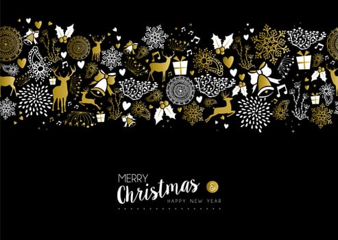 Merry christmas happy new year luxury gold seamless pattern on black background with deer, nature, and holiday elements. Ideal for fancy xmas greeting card design. EPS10 vector.       .