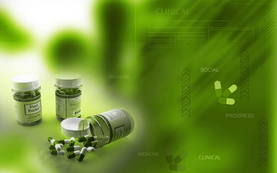 Digital illustration of capsule bottle in colour background