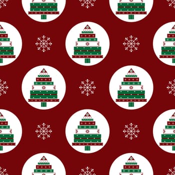 Gifts Christmas tree on red background seamless vector pattern