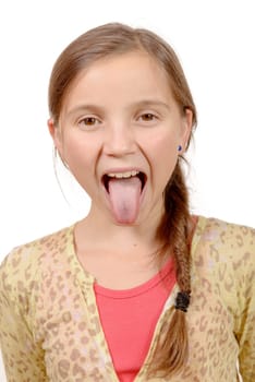 little girl puts out her tongue isolated on the white background