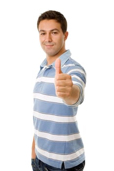 young casual man going thumb up, isolated on white