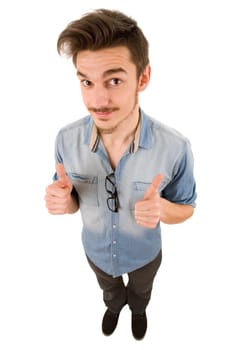 young casual man full body going thumbs up, isolated