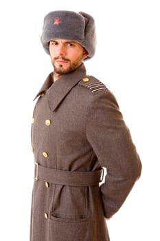 young man dressed as russian military, studio picture