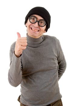 geek man going thumbs up, isolated on white