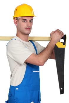Carpenter with a handsaw.