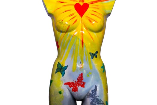 front of an multi colored artistic painted female mannequin torso with clipping path