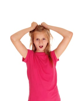 A portrait picture of a beautiful young girl pulling her hair with booths.hands, isolated for white background..