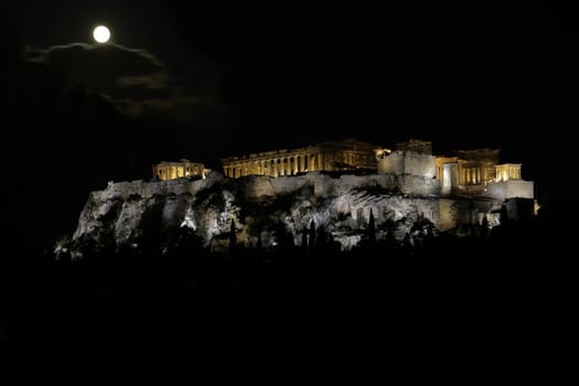 The Acropolis and Parthenon at night in Athens, Greece