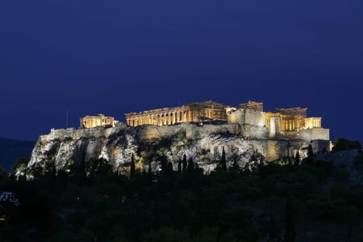 The Acropolis and Parthenon at night in Athens, Greece