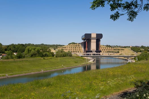 Old hydraulic boat lifts and historic Canal du Centre, Belgium, Unesco Heritage - The hydraulic lift of Strepy-Bracquegnies