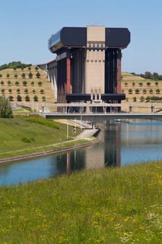 Old hydraulic boat lifts and historic Canal du Centre, Belgium, Unesco Heritage - The hydraulic lift of Strepy-Bracquegnies