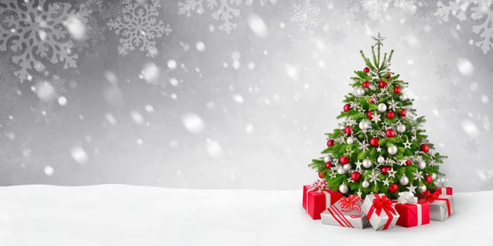 Gorgeous elegant Christmas tree with gifts in red and silver on a panoramic snow background