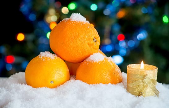 Three oranges in the snow with Christmas decor and bokeh