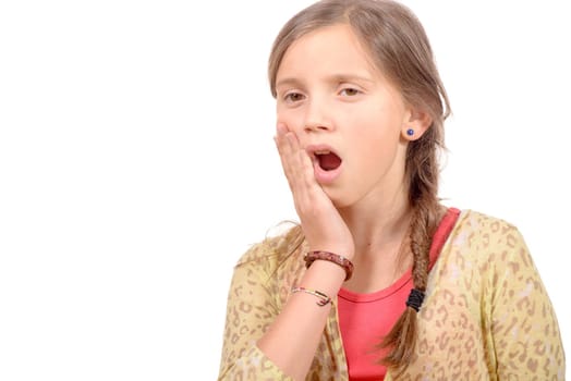 cute little girl having toothache, isolated on white background