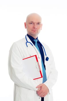 friendly young doctor with clipboard in front of white background