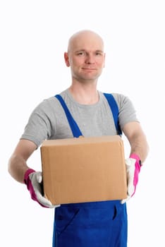 young man in flap trousers with cardboard in front of white background