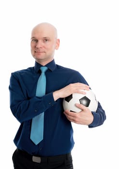 portrait of a young businessman with soccer ball in front of white background