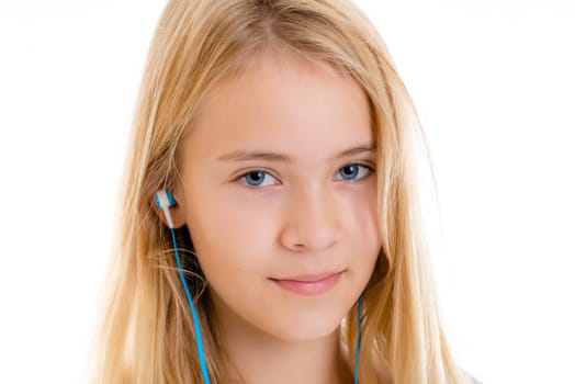 nice blond girl in front of white background listening misic