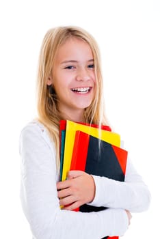 portrait of a laughing blond girl with exercise books