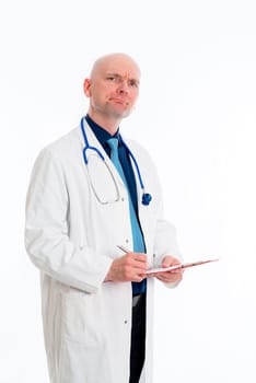 friendly young doctor with clipboard in front of white background