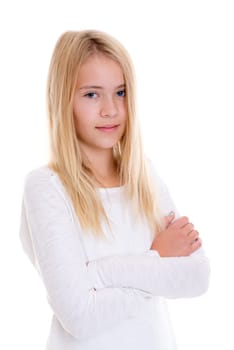 nice blond girl with crossed arms in front of white background