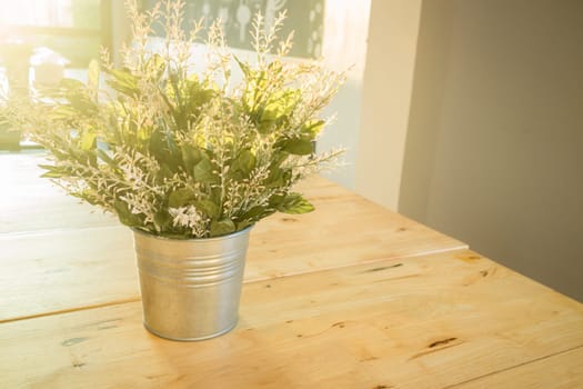 Simply plant bucket decorated on wooden table, stock photo