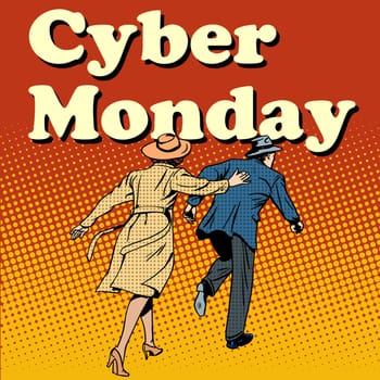 Cyber Monday shoppers run on sale pop art retro style