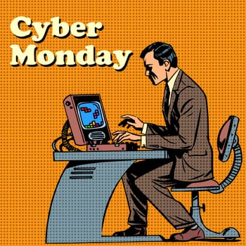 Cyber Monday computer and human pop art retro style