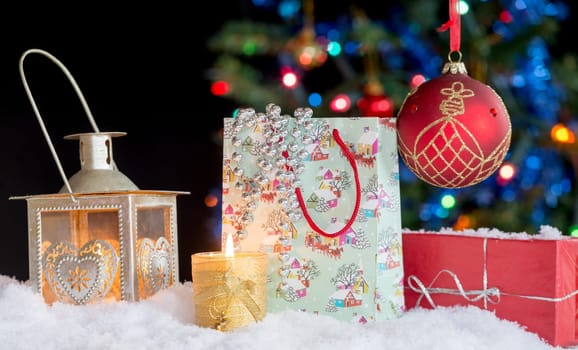 christmas decoration with a lantern and a Christmas tree