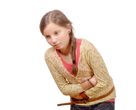 a little girl  has a stomachache, isolated on white background