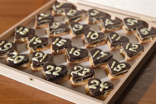 Box of 24 sweet hearts as an advent calendar for the last days of December before Christmas.
