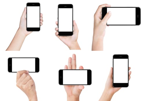 hand hold black modern smart phone show screen display isolated set