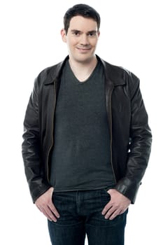 Handsome middle aged man in leather jacket