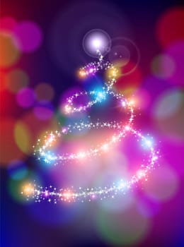 Merry christmas holiday greeting card design with colorful bokeh lights background blur and sparkle stars making xmas pine tree shape. Eps10 transparency and layer mode effect.