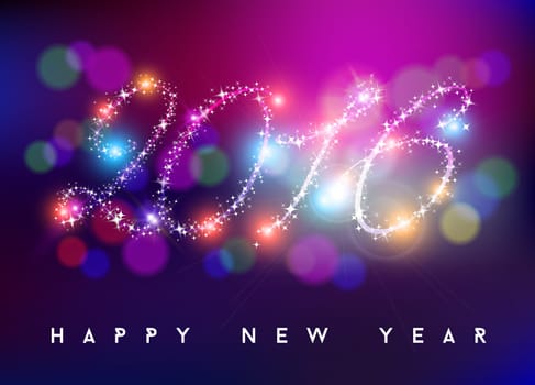 Happy new year bokeh style background greeting card design. 2016 shape made with sparkle stars and colorful blurs. EPS10 vector.