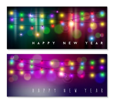 Happy new year banner set designs with festive holiday lights decoration and colorful bokeh blur elements in the background. Ideal for web or season greeting cards. EPS10 vector.