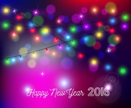 Happy new year 2016 bokeh style greeting card design. Colorful festive holiday lights with sparkles, stars and color blurs. EPS10 vector.