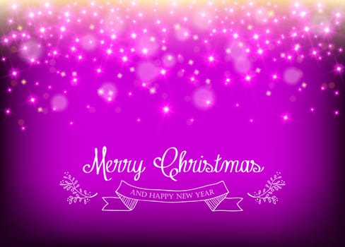 Merry christmas happy new year leaf and banner ornament label decoration on sparkle lights background. Ideal for xmas greeting card, holiday party invitation or poster. EPS10 vector.