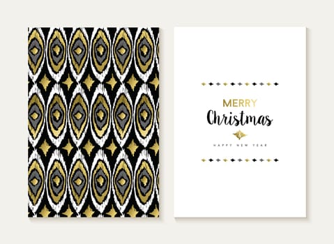 Merry Christmas card template set with retro tribal indian style seamless pattern and trendy Xmas text in gold metallic color. Ideal for holiday greetings. EPS10 vector.   .