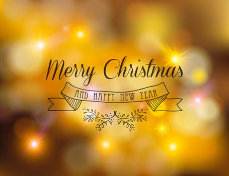 Merry christmas happy new year leaf and banner ornament label decoration on golden bokeh lights background. Ideal for xmas greeting card, holiday party invitation or poster. EPS10 vector.