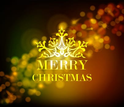 Merry christmas monogram vintage style ornament label decoration on gold bokeh lights background. Ideal for xmas greeting card, holiday party invitation or poster. EPS10 vector.